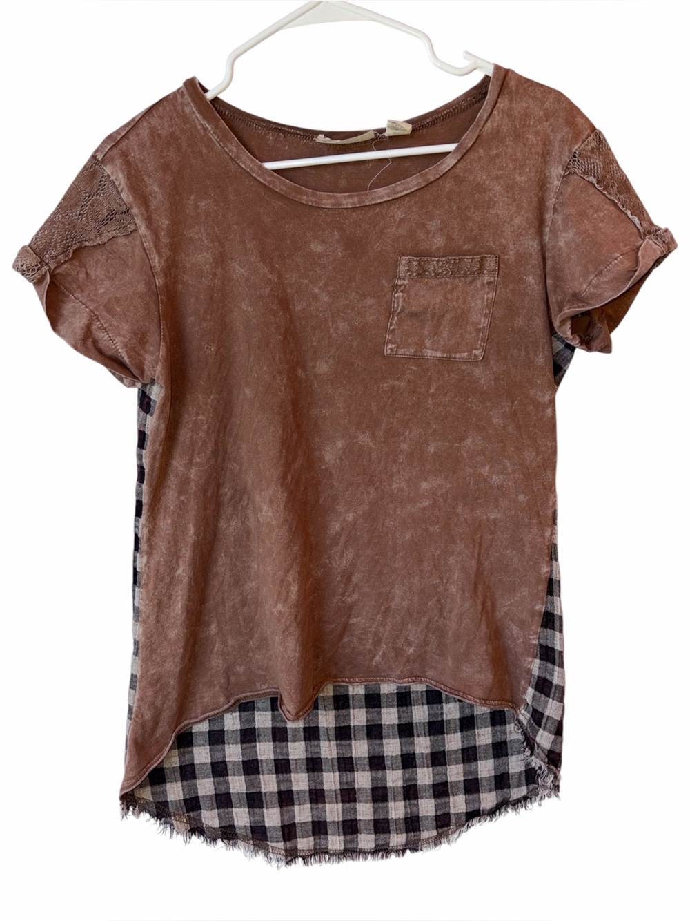 BKE Gimmicks Brown Mineral Wash Tee Plaid Back Layered Top Small
